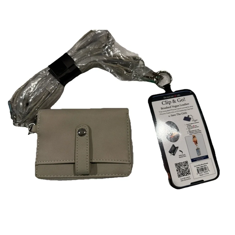 SAVE THE GIRLS RFID VEGAN LEATHER TAUPE UNIQUE POUCH CLIP & GO CELL PHONE STRAP
